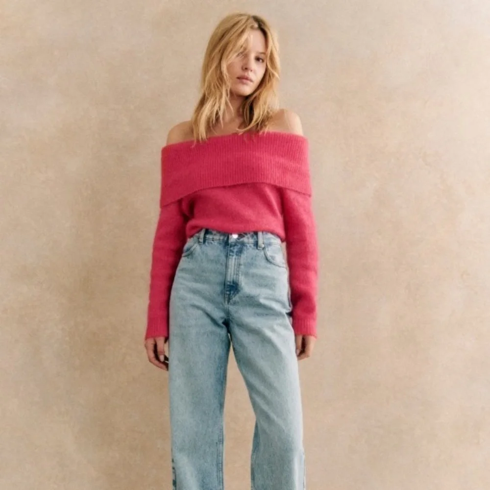 Sezane Aurore Jumper Pop Pink Knit Wool Off Shoulder Sweater - Picture 2 of 9